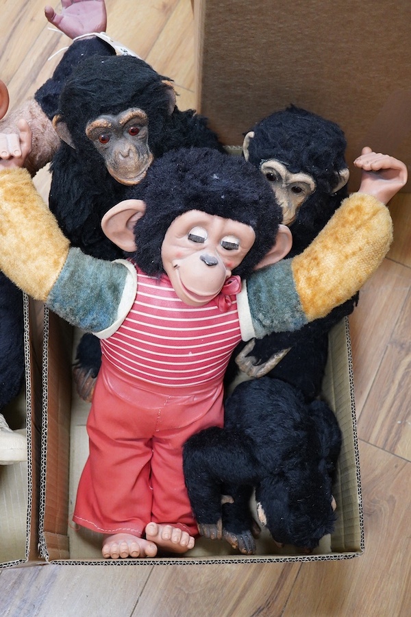 A Farnell’s Alpha Toys monkey, seven other soft toy monkeys and a soft toy rabbit, Farnell 36cm. Condition varies